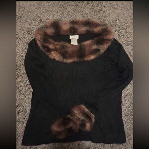 Elegant Black Sweater with Faux Fur Trim